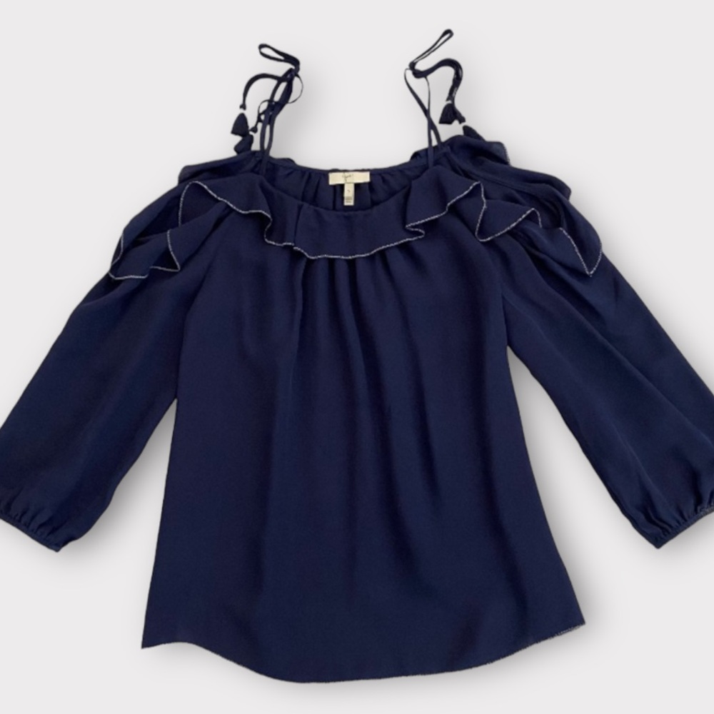 Joie Womens Eukene Blouse Small 100% Silk Ruffle Trim Cold Shoulder Quiet Luxury